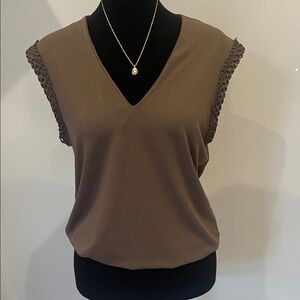 Deep olive -brown V-Neck Women's Top with detail at sleeve